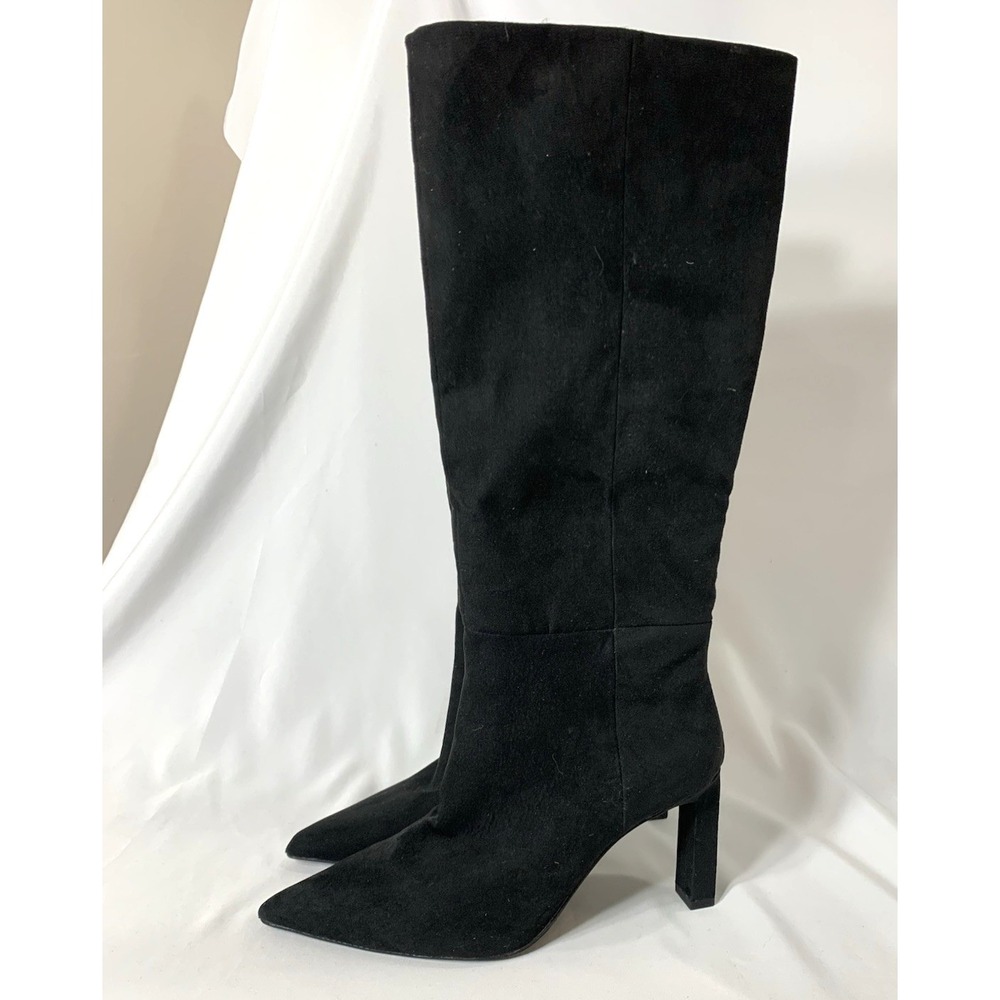 Mango MNG Suede Boots Womens 37 Black Knee High Slim 3" Heel Pointy Toe READ